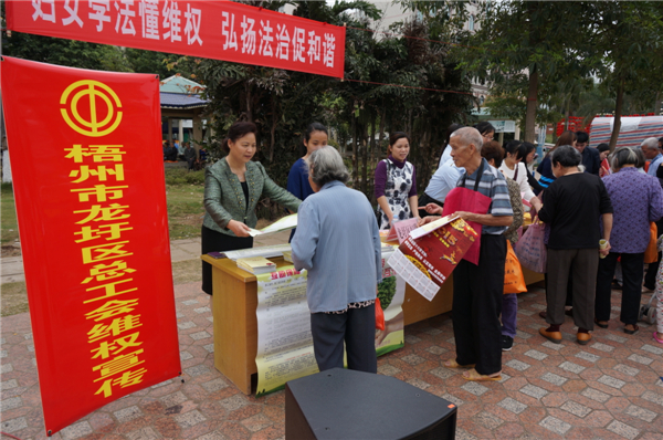 龍圩區(qū)總工會(huì)在2015年3月開展迎“三八”婦女維權(quán)月普法活動(dòng)，以“婦女法治懂維權(quán)，頌揚(yáng)法治促和諧”為指導(dǎo)思想，開展了以“